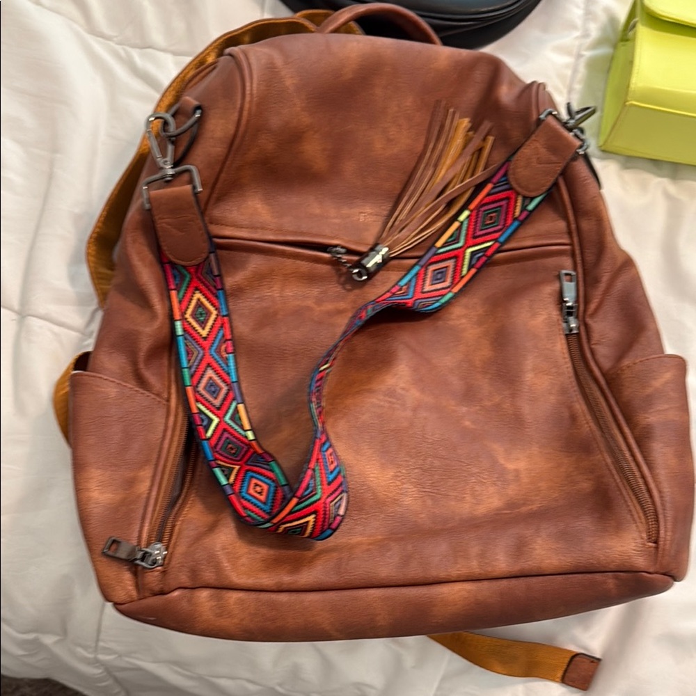 Brown Backpack with Colorful Strap